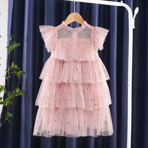 Star and Moon Flutter Sleeves Party Kids Dress
